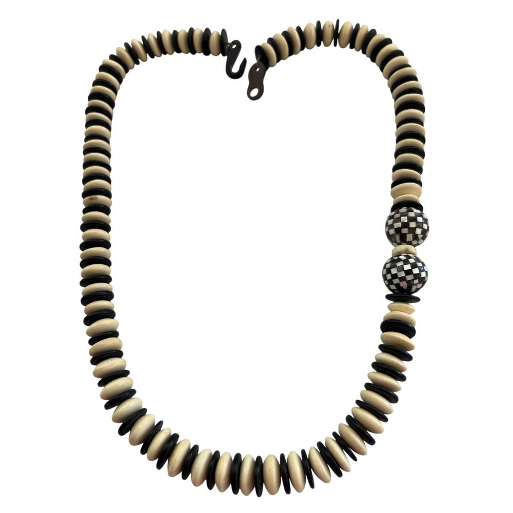 VTG African Tribal Inspired Necklace, Boho Beaded Wood Jewelry, Checkered Style - Picture 4 of 4